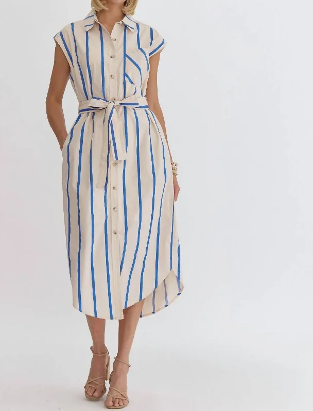 Striped Button Up Midi Dress In Blue