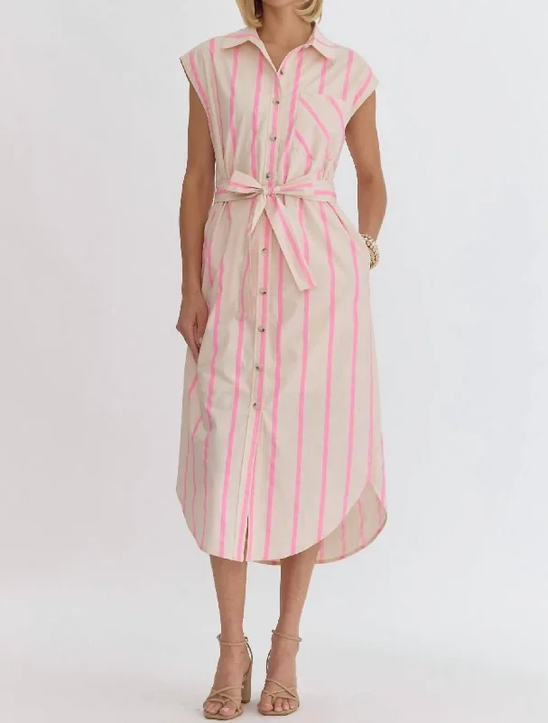 Striped Button Up Midi Dress In Pink