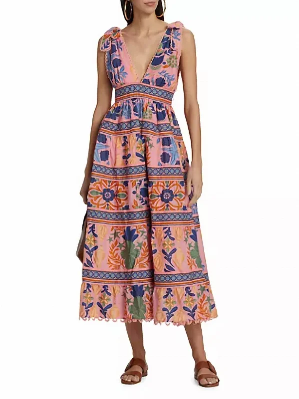 Tiered Midi Dress In Seashell Tapestry