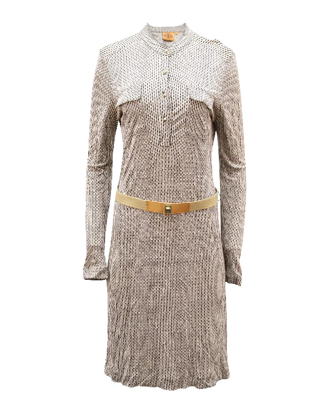 Tory Burch Belted Microprint Long Sleeve Midi Dress in Brown Cotton blend