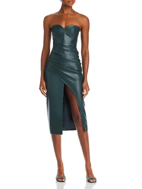 Womens Faux Leather Midi Cocktail And Party Dress