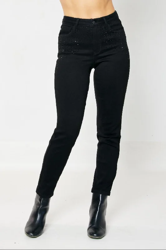 Rhinestone Embellishment Slim Jeans - Plus In Black