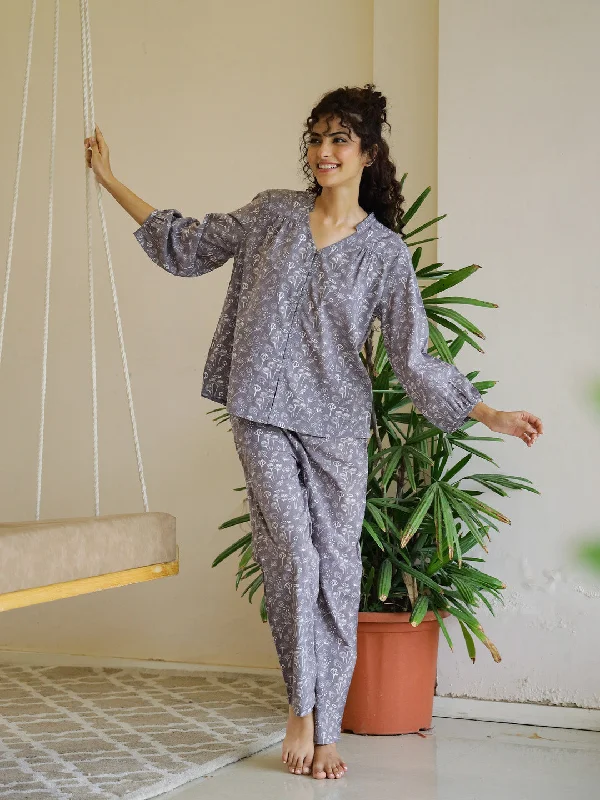 Grey Cotton Night Suit Set for Women