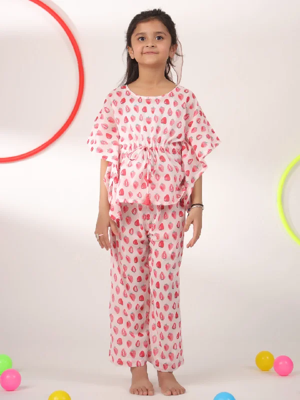 Pink Strawberry Printed Cotton Night Suit for Kids