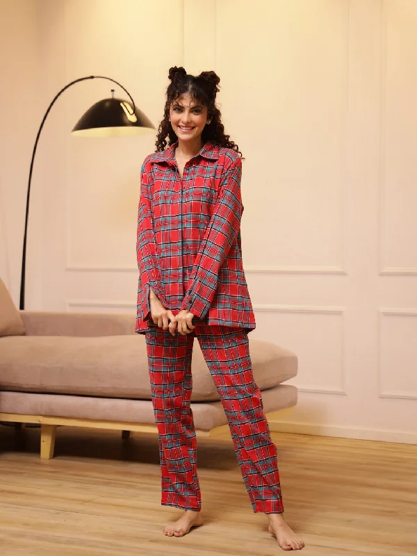 Red Checks Cashmere Winter Loungewear Set